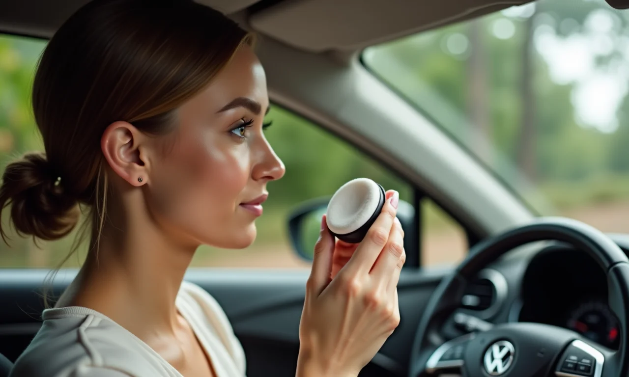 Mulher retocando a maquiagem com pó compacto no carro.