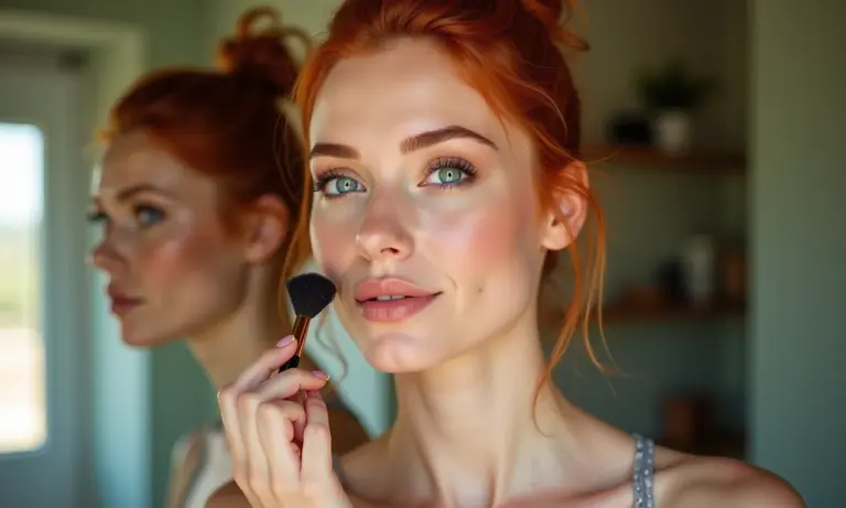 Mulher ruiva aplicando maquiagem em banheiro vibrante.