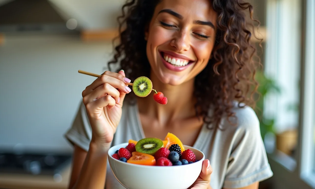 Mulher se alimentando com frutas ricas em antioxidantes.