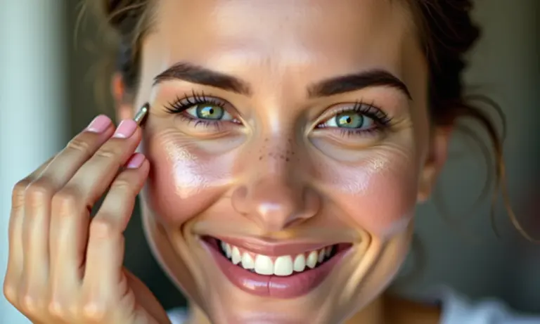 Mulher sorrindo aplica iluminador nas têmporas e arco do cupido.