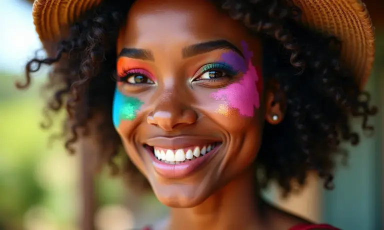Mulher sorrindo aplica maquiagem colorida e fácil para festa a fantasia.