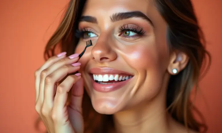 Mulher sorrindo aplicando cílios postiços magnéticos com facilidade.
