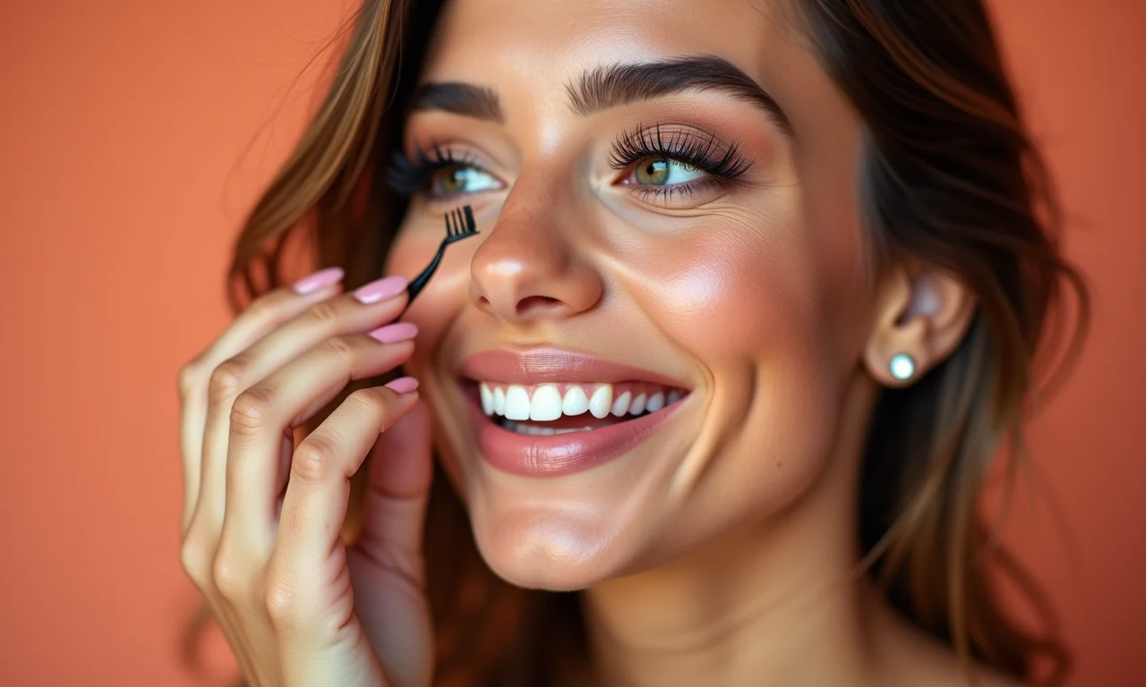 Mulher sorrindo aplicando cílios postiços magnéticos com facilidade.