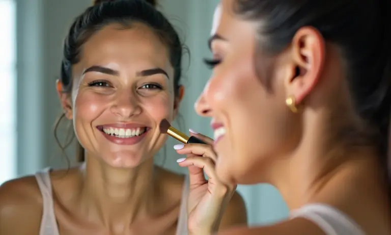 Mulher sorrindo aplicando maquiagem glow para pele oleosa.
