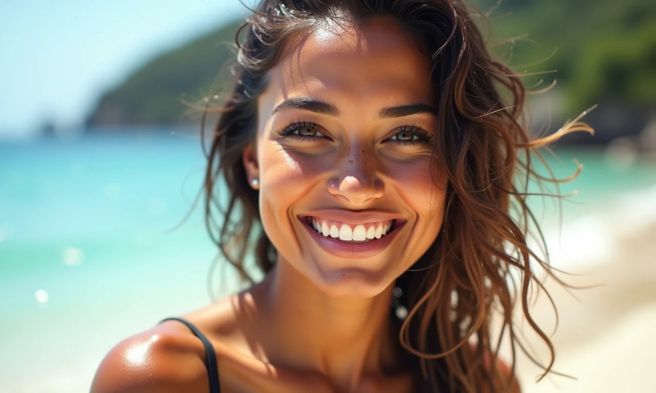 Mulher sorrindo com maquiagem à prova d'água.