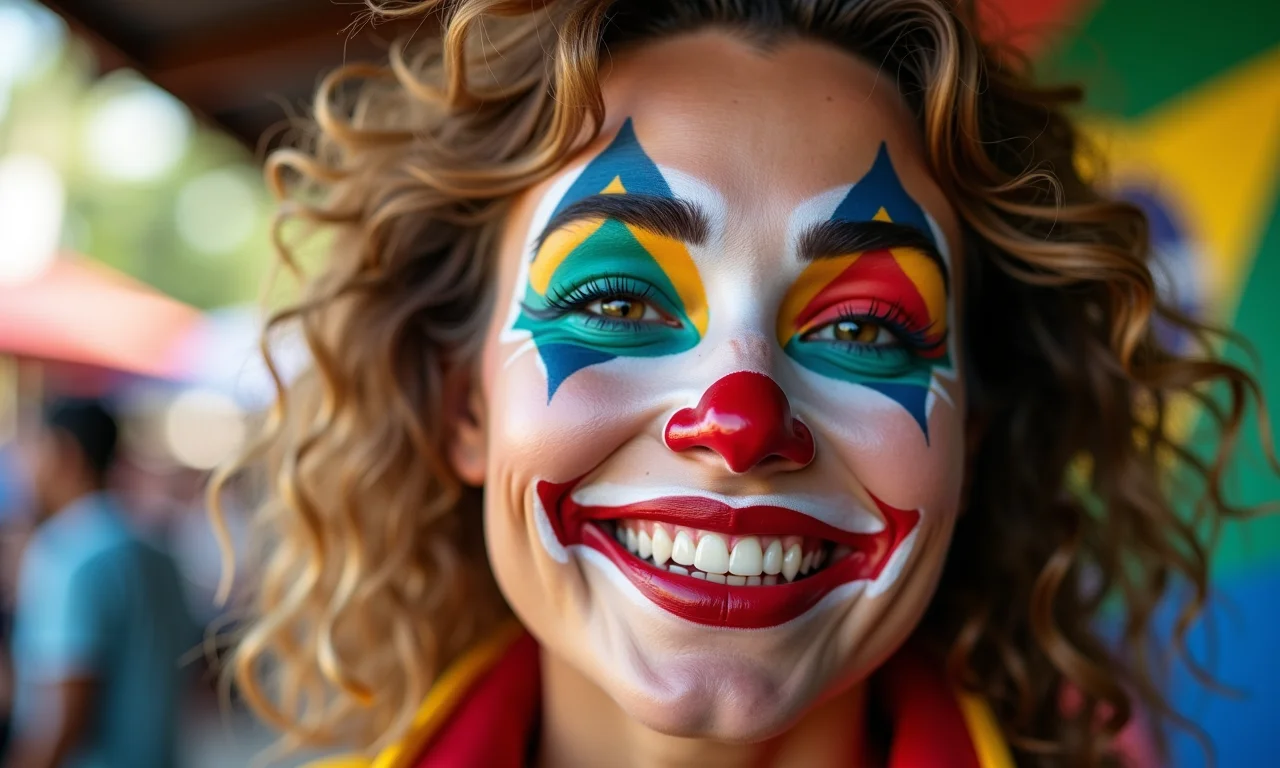 Mulher sorrindo com maquiagem de palhaço divertida.