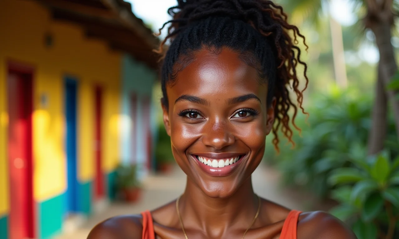 Mulher sorrindo com maquiagem e sardas.