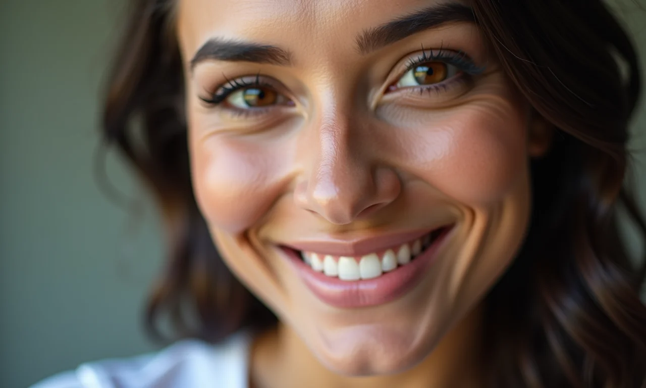 Mulher sorrindo com maquiagem impecável segurando foto 3x4.