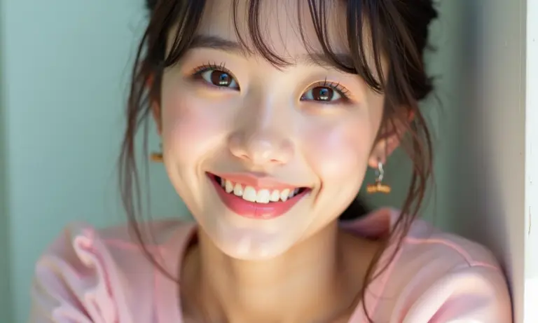 Mulher sorrindo com maquiagem kawaii vibrante.