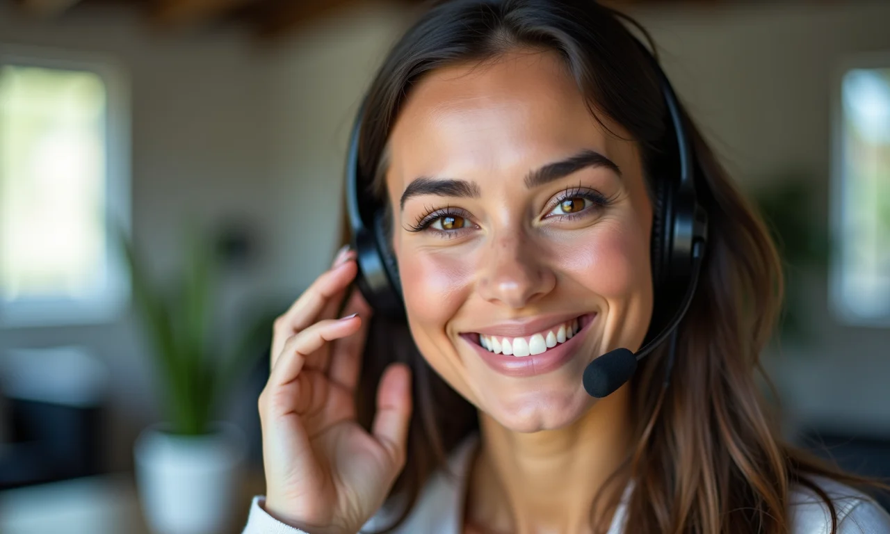 Mulher sorrindo com maquiagem leve para telemarketing.