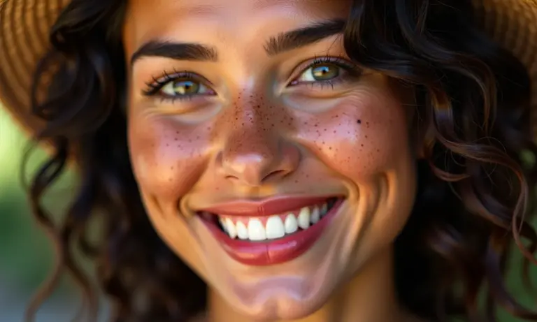 Mulher sorrindo com maquiagem natural realçando sardas.