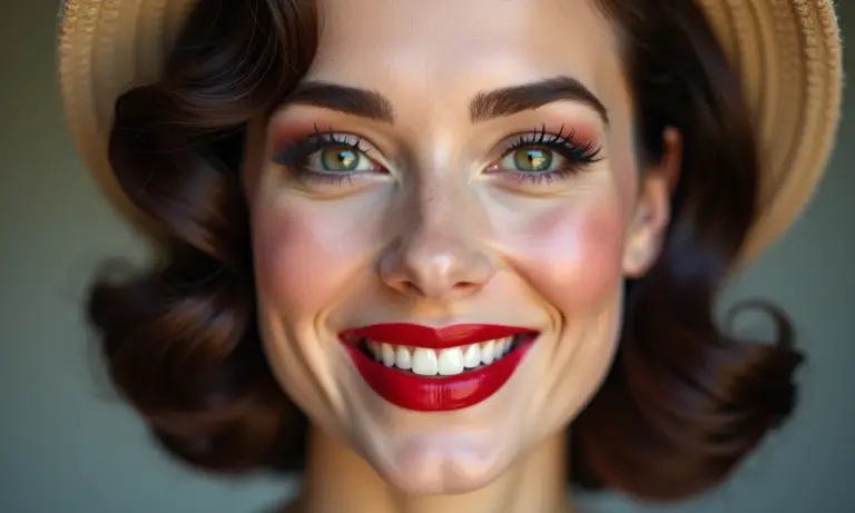 Mulher sorrindo com maquiagem vintage dos anos 50.