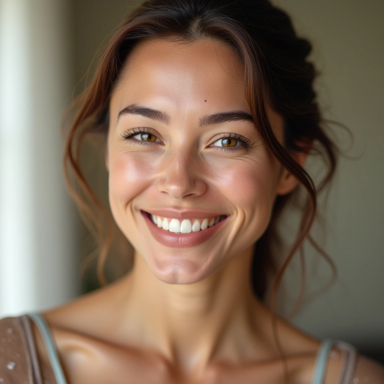 Mulher sorrindo confiante após 8 horas usando base matte natural de longa duração.