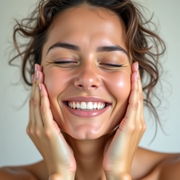 Mulher sorrindo e tocando o rosto, sentindo a leveza da pele após o uso do CC Cream.