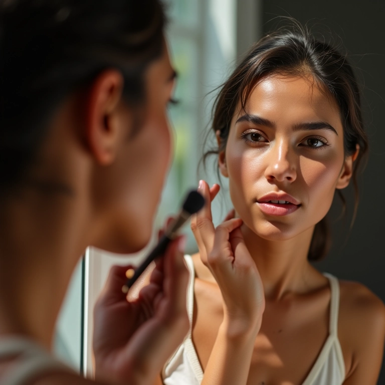 Mulher testando a cor da base não comedogênica na mandíbula.