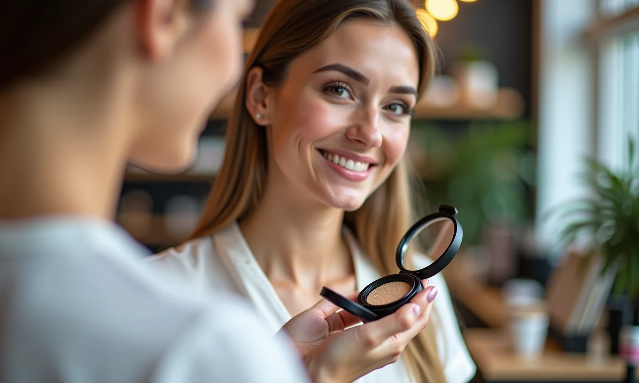 Mulher testando base cushion na mão em loja.