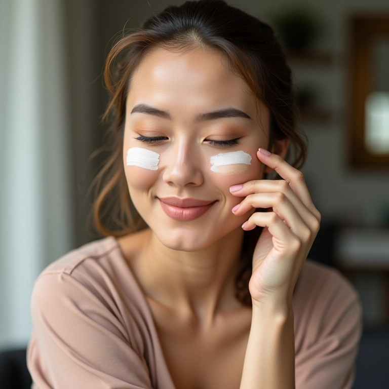 Mulher testando diferentes níveis de cobertura de base não comedogênica.