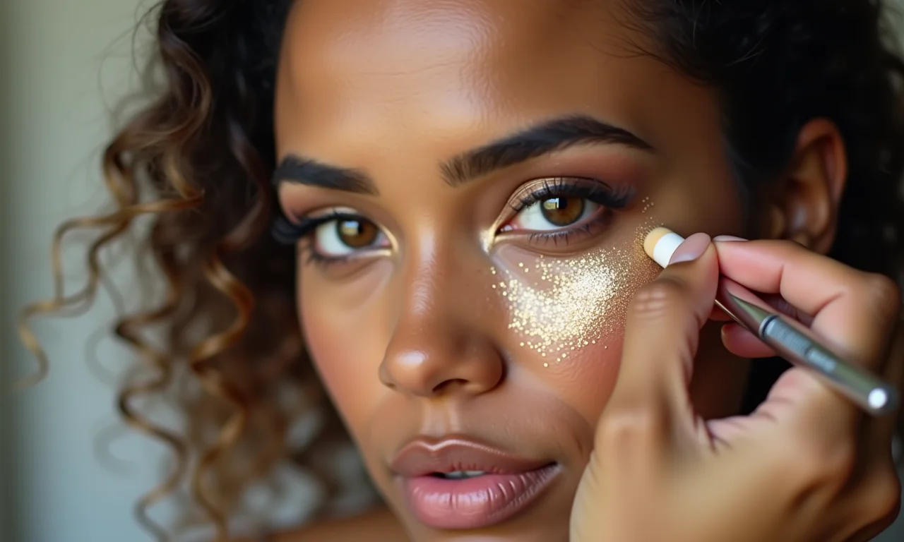 Mulher uniformizando o tom da pele com corretivo antes do glitter.
