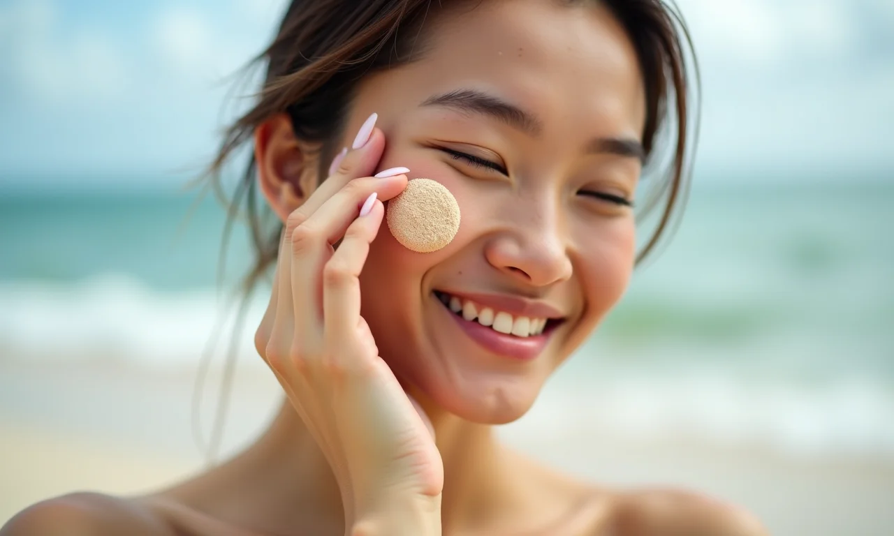 Mulher usando base cushion na praia, demonstrando resistência à água.