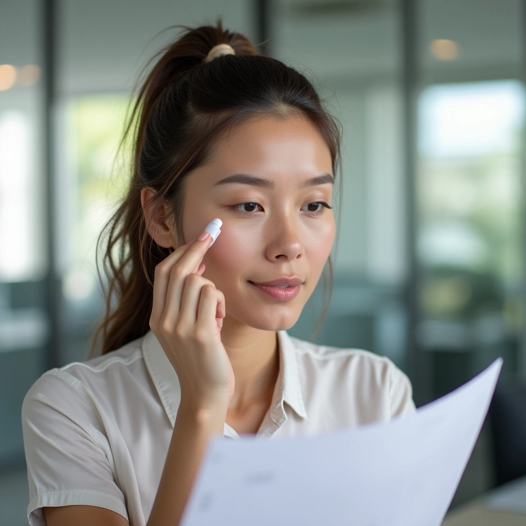 Mulher usando corretivo de secagem rápida e verificando um documento.