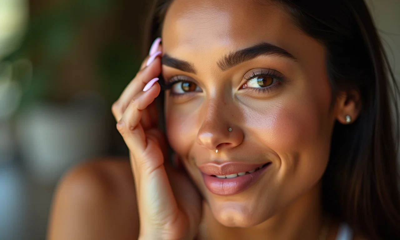 Mulher usando corretivo para iluminar a área dos olhos.