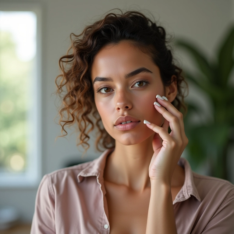 Mulher usando corretivo sem cheiro em um escritório confortável.