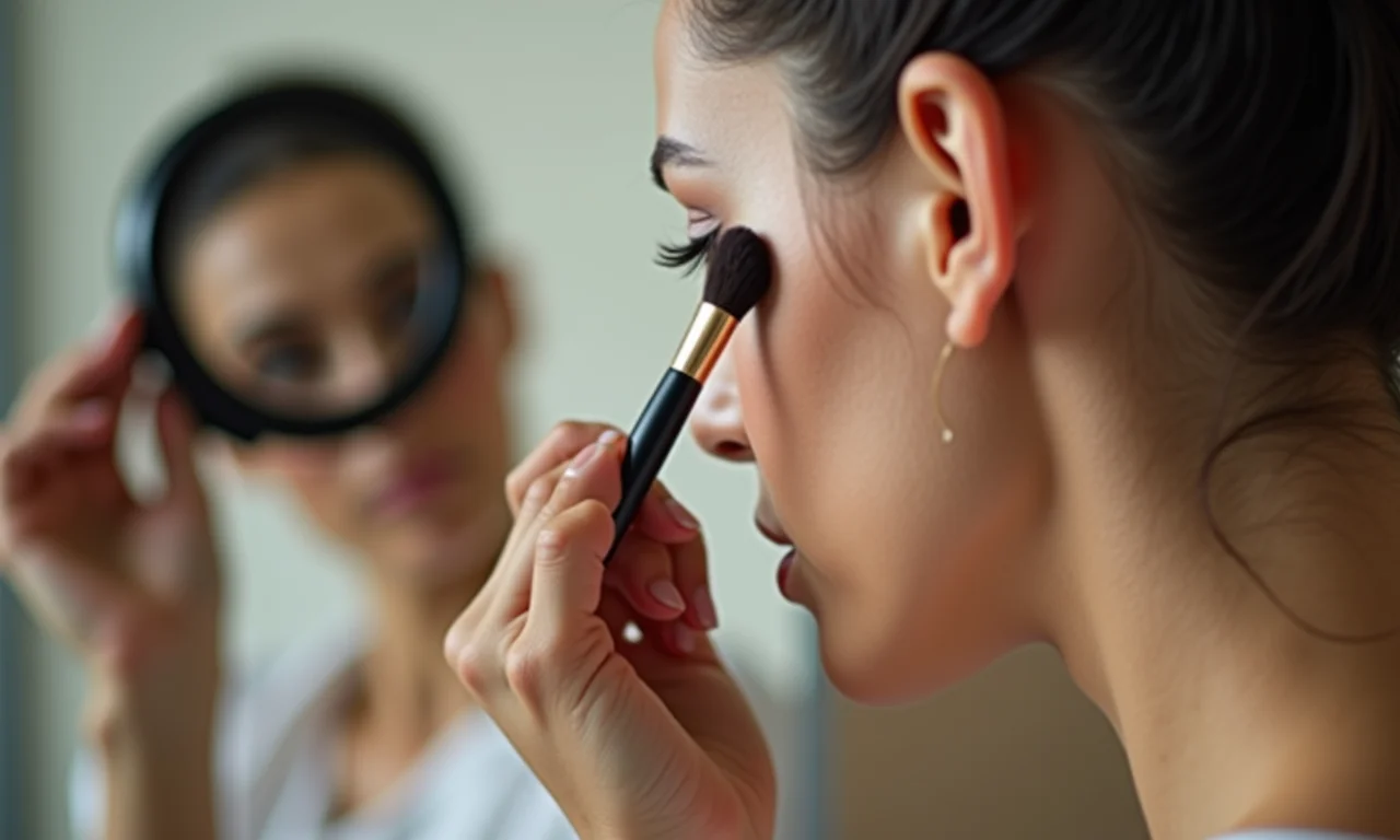 Mulher usando espelho de aumento para aplicar delineador na linha d'água.