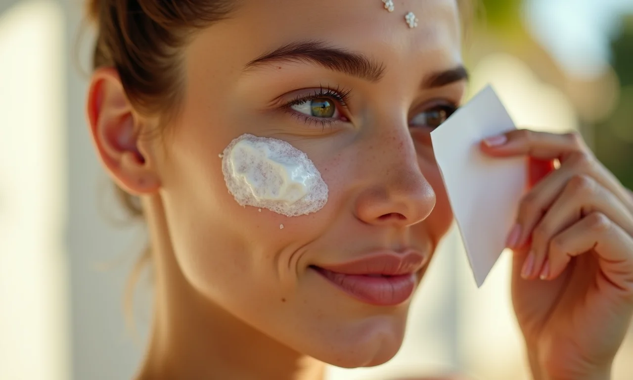 Mulher usando lenços removedores de oleosidade.