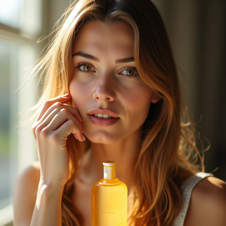 Mulher usando óleo capilar como finalizador, com luz solar natural.
