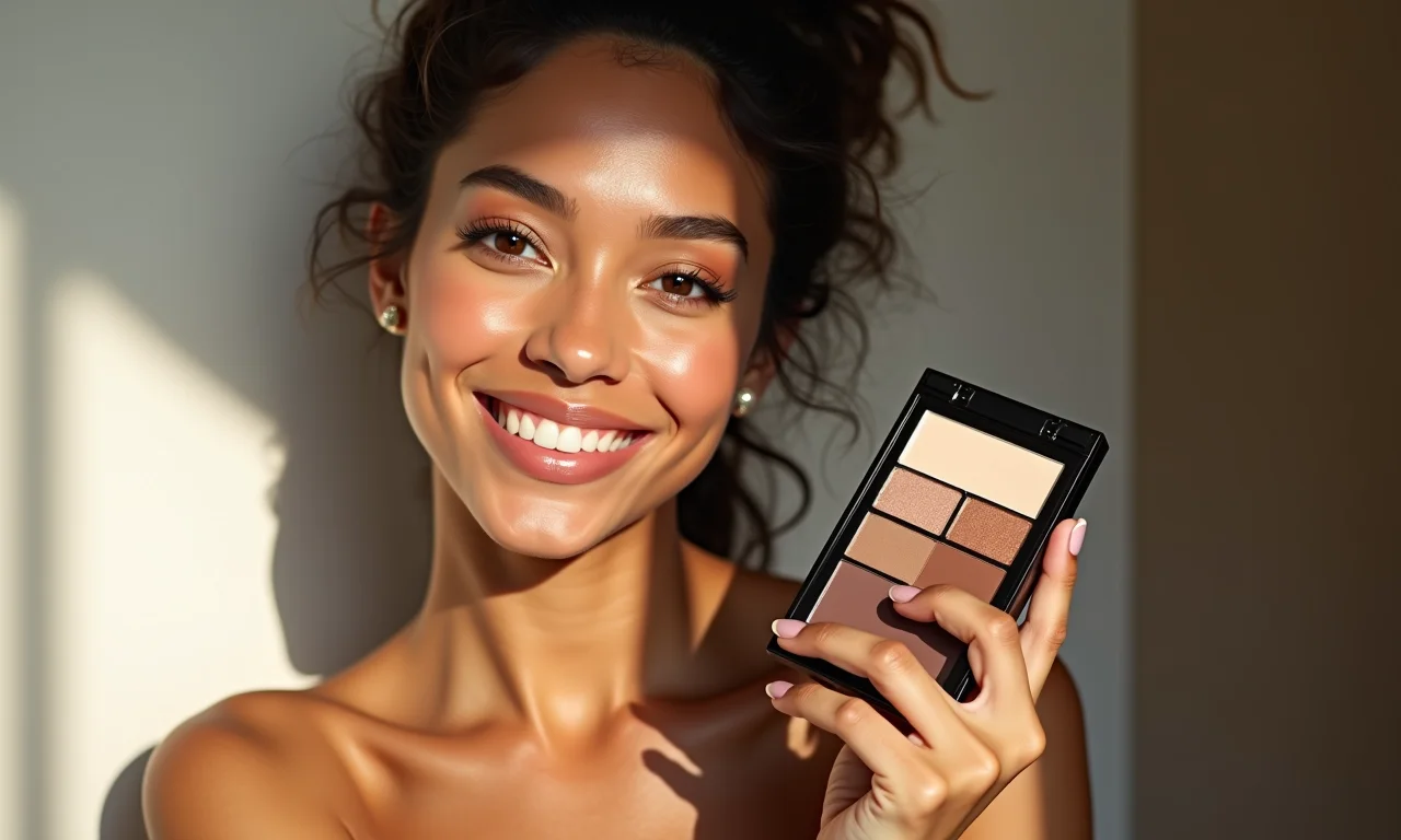 Mulher usando paleta de maquiagem vegana multifuncional.