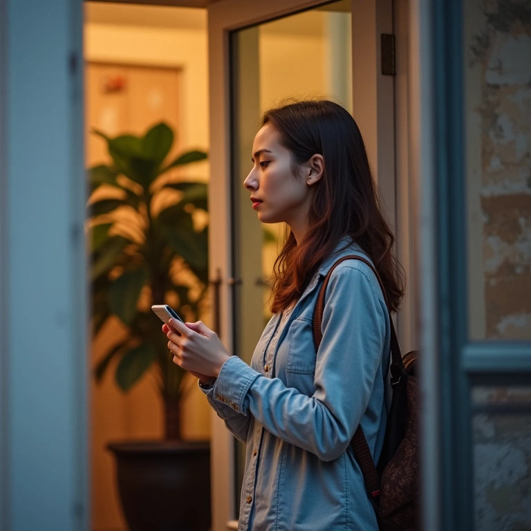 Mulher verificando o horário ao sair de casa, em cena urbana.