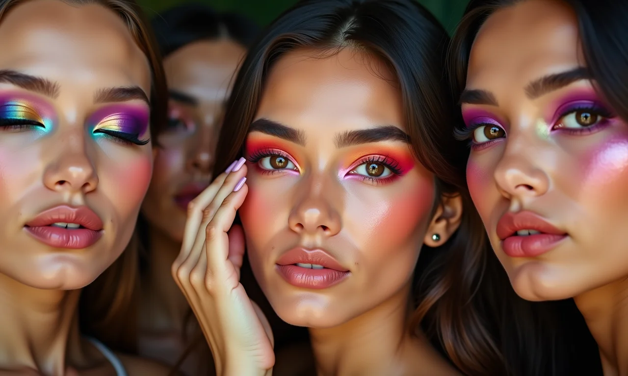 Mulheres brasileiras diversas aplicando maquiagem K-pop vibrante.