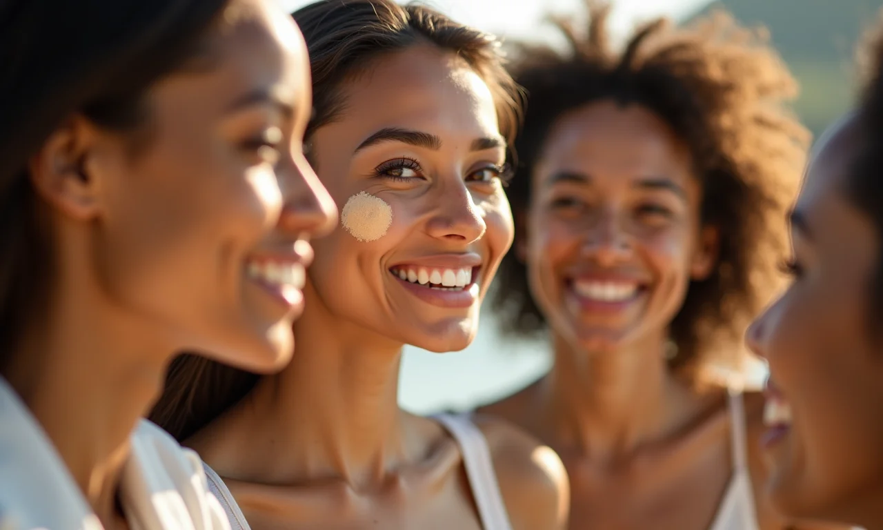 Mulheres diversas aplicando base com proteção solar para o verão.