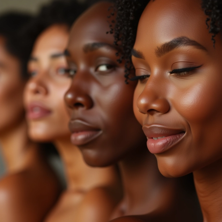 Mulheres diversas aplicando base não comedogênica em diferentes tons de pele.