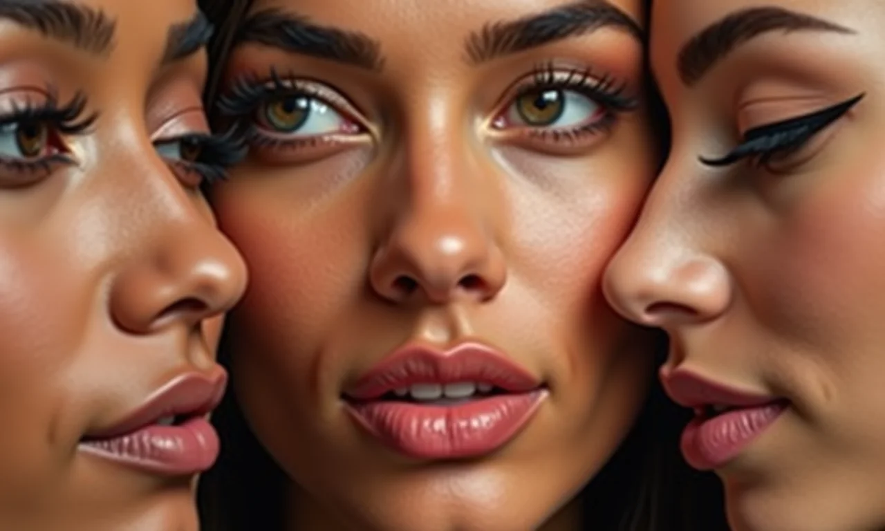 Mulheres diversas aplicando lápis labial para aumentar os lábios.