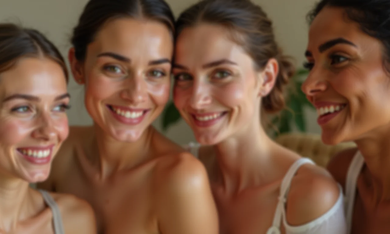 Mulheres diversas aplicando maquiagem natural.