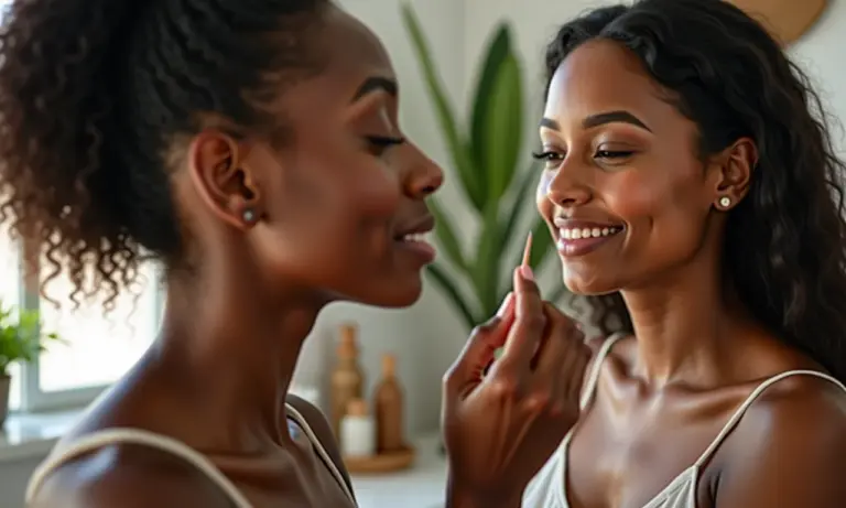 Mulheres diversas aplicando maquiagem para pele sensível.