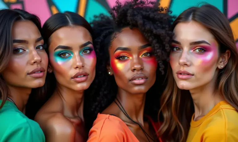 Mulheres diversas com maquiagem street style em cenário urbano vibrante.