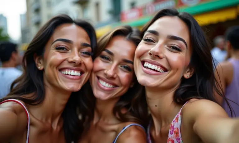 Mulheres diversas em festival usando base de alta cobertura.