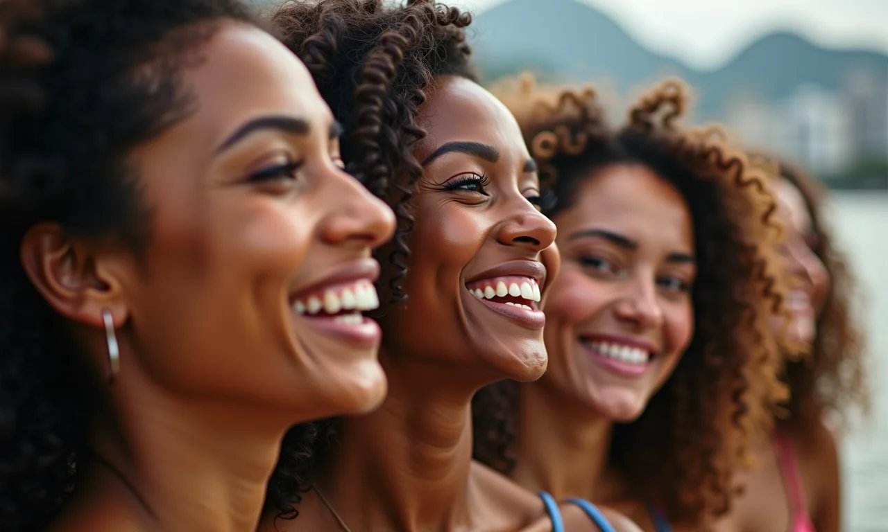Mulheres diversas sorrindo no Rio com maquiagem impecável sob o sol.