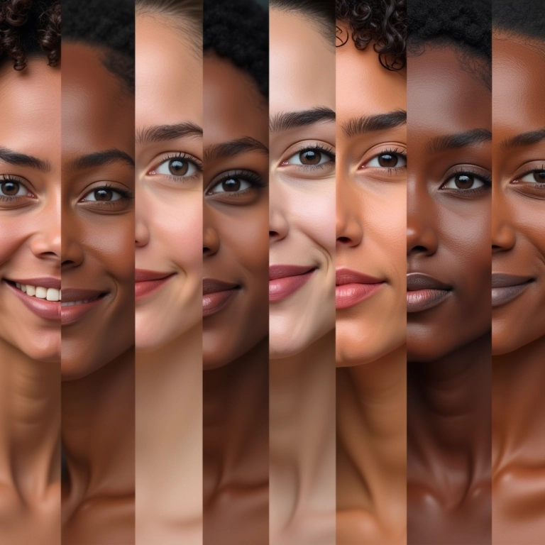 Mulheres diversas usando iluminadores de tons variados.