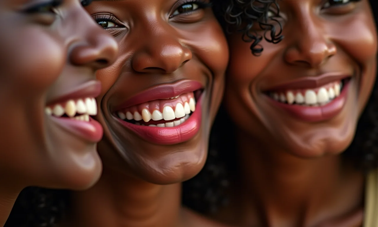 Mulheres negras diversas sorrindo, exibindo batons nude.