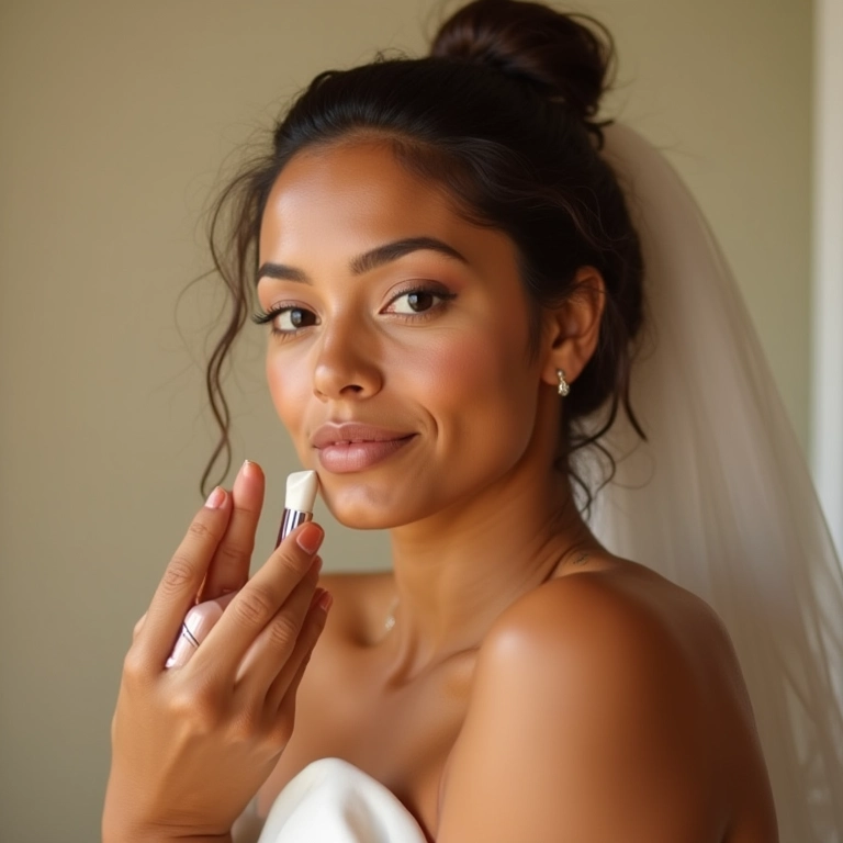 Noiva aplicando primer com proteção solar para cuidar da pele no dia do casamento.
