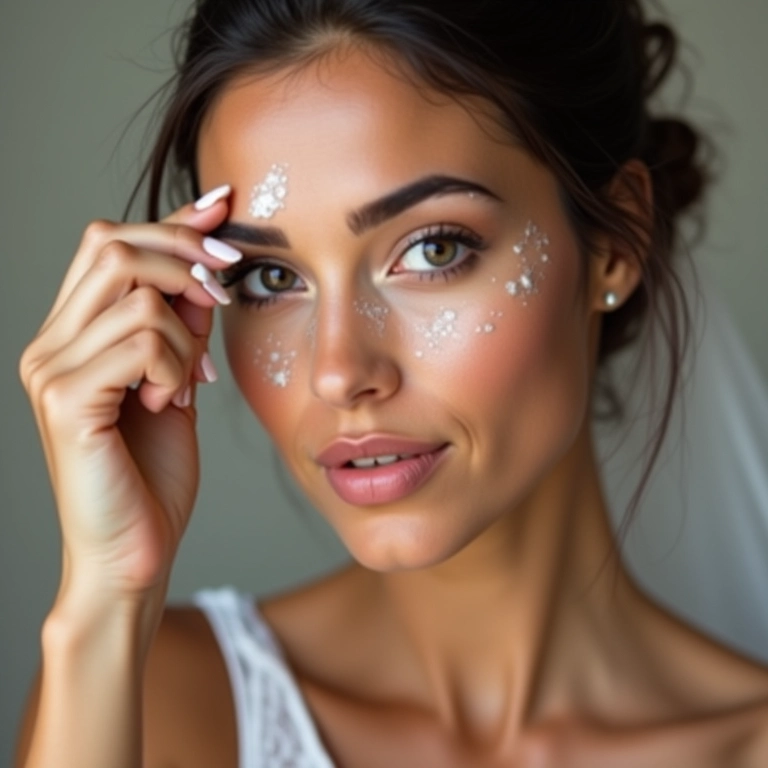 Noiva aplicando primer para poros dilatados para uma pele mais lisa.