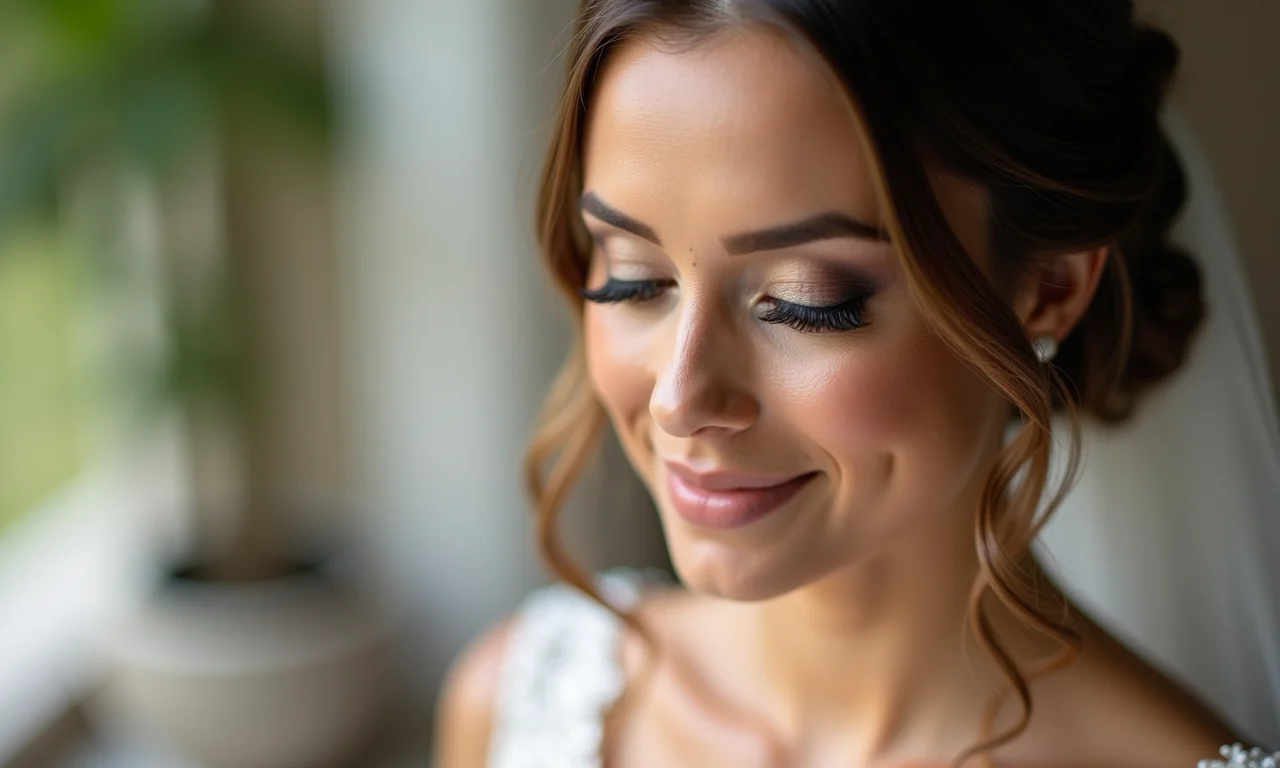 Noiva com sombras neutras e iluminadas na maquiagem dos olhos.