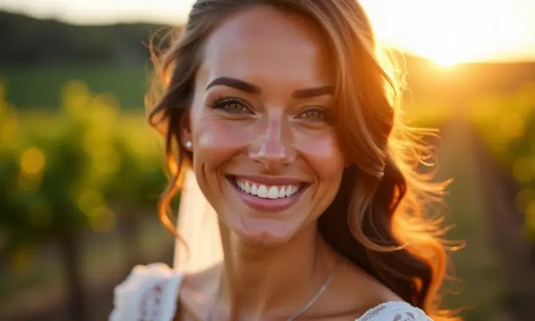 Noiva radiante com maquiagem natural em casamento ao ar livre.