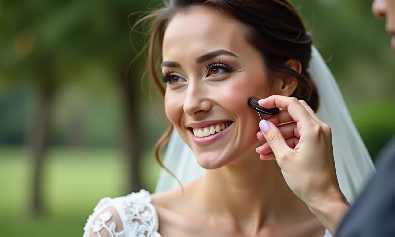 Noiva retocando a maquiagem durante a festa de casamento.