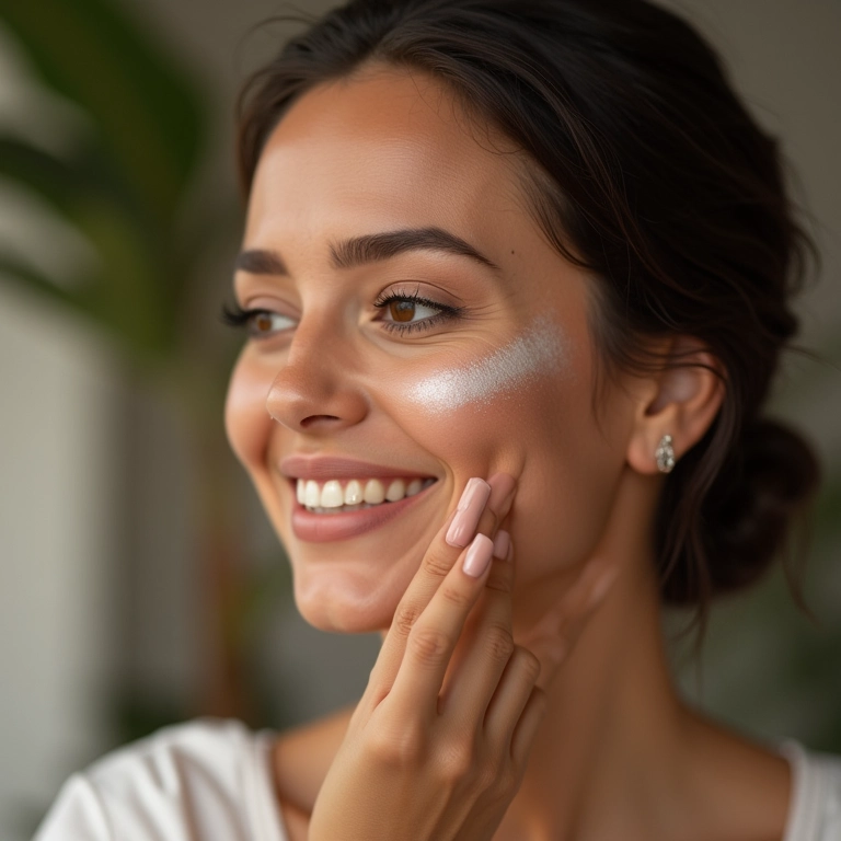 Noiva sorrindo aplica primer no rosto para preparar a pele para a maquiagem.