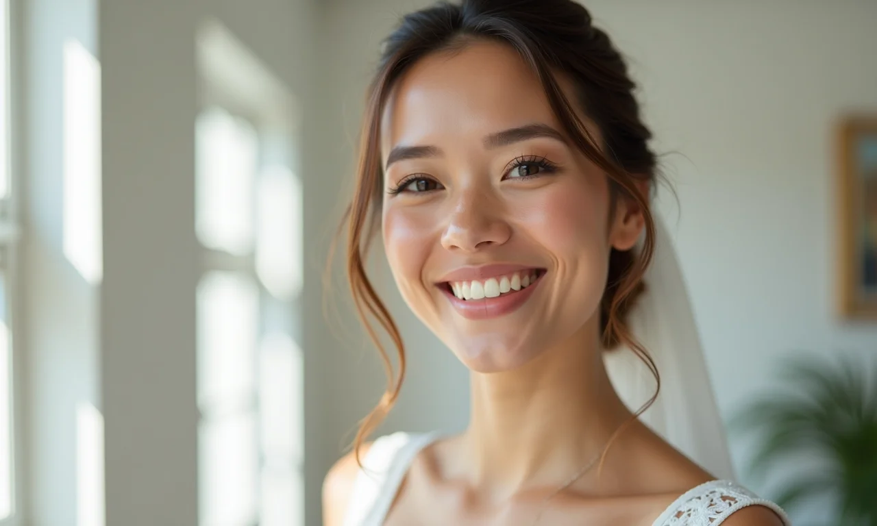 Noiva sorrindo com maquiagem natural para casamento civil diurno.