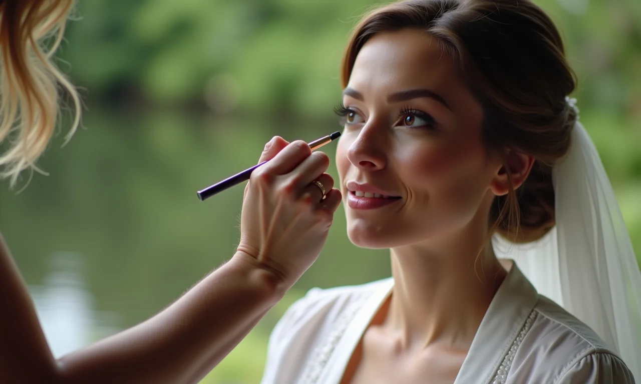 Noiva testando a maquiagem com maquiador profissional.